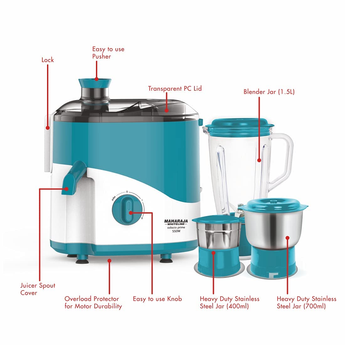 Maharaja Whiteline Odacio Prime Juicer Mixer Grinder with 3 Jars, Motor, Superior Stainless Steel Me